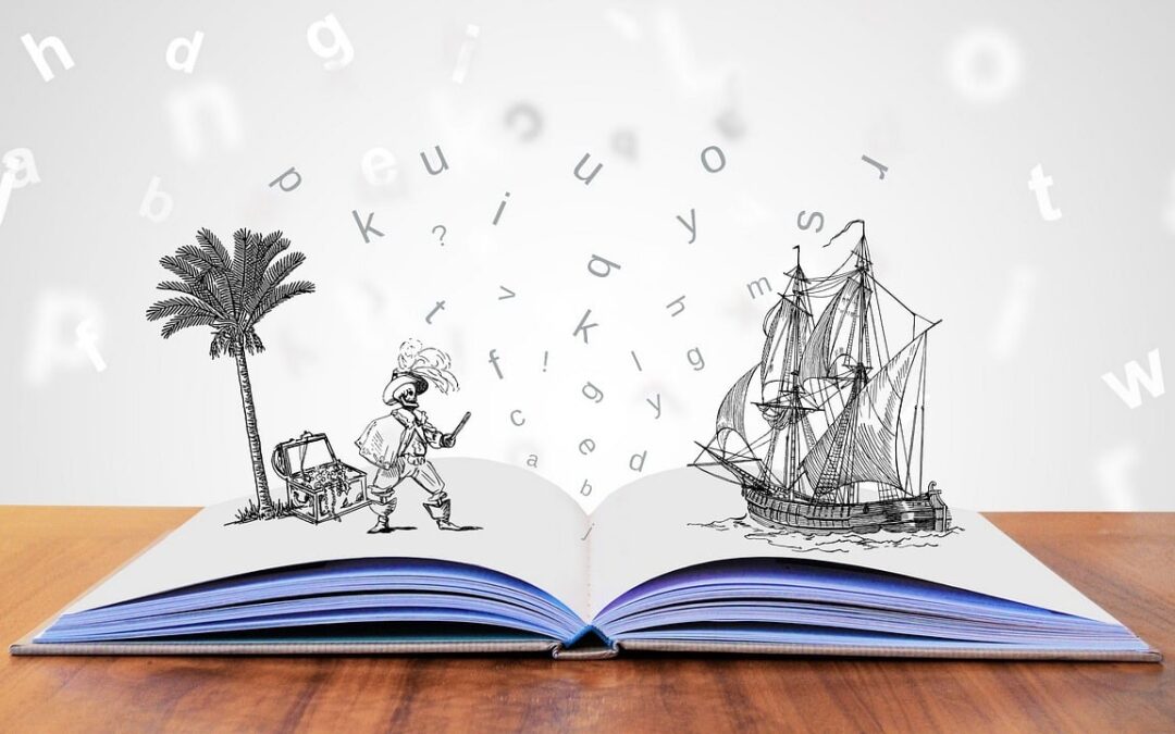 Scene with pirates, buried treasure coomes out of the pages of a book.
